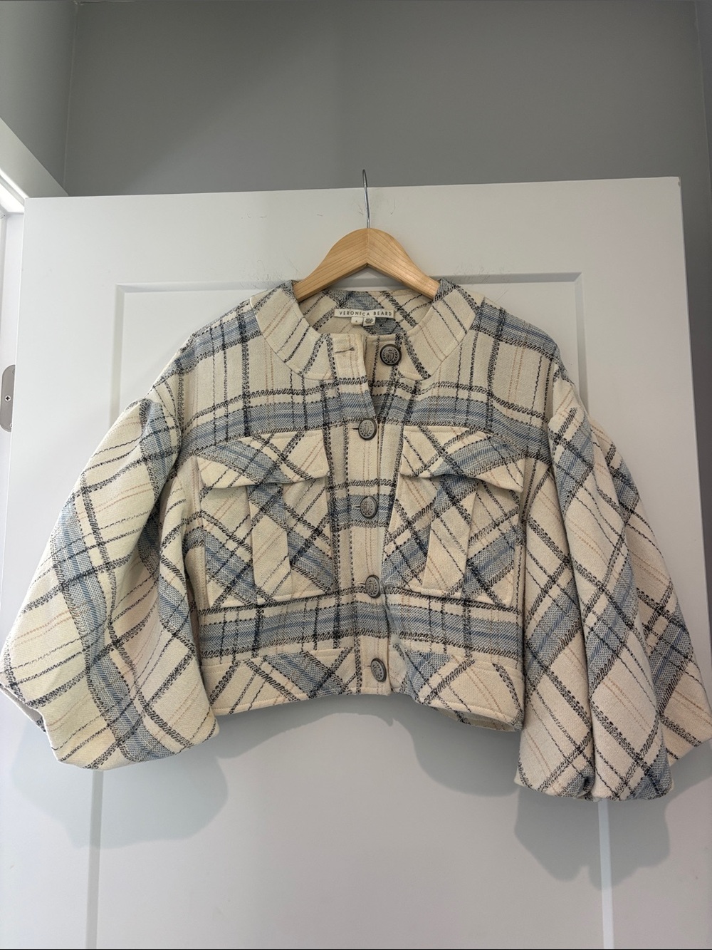 Veronica Beard Cropped Plaid Jacket in Cream and Light Blue